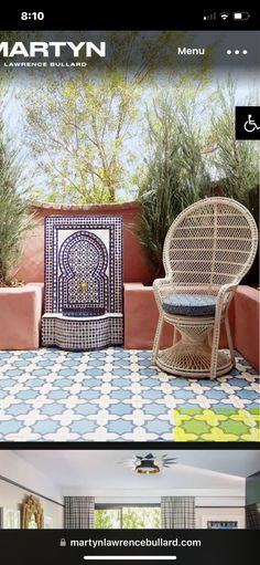 an image of two chairs and a table in the same room, one is made out of wicker