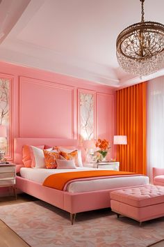 a bedroom decorated in pink and orange with a chandelier hanging from the ceiling