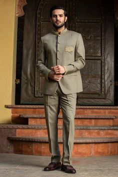 Shop for Nitika Gujral Green Light Weight Woollen Suiting Zardozi Embroidered Bandhgala Set for Men Online at Aza Fashions Green Jodhpuri, Pant Embroidery, Embroidered Bandhgala, Green Suit Men, Suit For Men Wedding, Olive Green Suit, Jodhpuri Suits For Men, Embroidered Buttons, Jodhpuri Suit