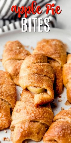 apple pie bites on a white plate with text overlay that reads apple pie bites