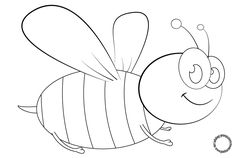 a cartoon bee flying in the air with its eyes closed and tongue out, coloring page