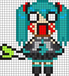 the pixel art is designed to look like an anime character with blue hair and green eyes