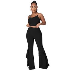 Spaghetti Strap Crop Top+ruffles Flared Pants Set Stretch Bottoms With Ruffles In Solid Color, High-waist Non-stretch Ruffled Bottoms, High-waisted Non-stretch Bottoms With Ruffles, High Waist Non-stretch Bottoms With Ruffles, Casual Solid Color Pants With Ruffles, Fitted Ruffled Flare Pants, Fitted Ruffle Flare Pants, High Waist Ruffled Stretch Bottoms, Trendy Wide Leg Ruffled Pants