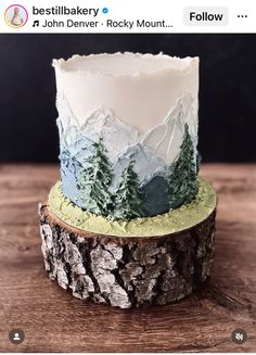 two cakes decorated with trees and mountains on top of each other