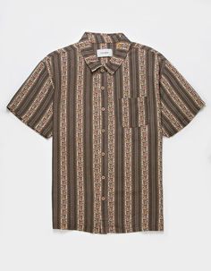 The Critical Slide Society Ceremony Button Up Shirt. Woven Shirt Featuring An Allover Floral And Stripe Print. Button Front. Collared Neckline. Chest Pocket. Short Sleeve. Straight Hem. 65% Cotton, 35% Linen. Machine Wash. Imported. Brown Shirt With Placket In Relaxed Fit, Brown Relaxed Fit Shirt With Placket, Brown Short Sleeve Shirt With Placket, Patterned Shirt With Camp Collar And Button Closure, Brown Shirt With Camp Collar And Buttons, Brown Camp Collar Shirt With Buttons, Brown Relaxed Fit Button-up Short Sleeve Shirt, Brown Shirt With Camp Collar, Brown Button-up Tops With Placket