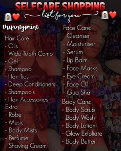 Body Care Routine Steps List, Selfcare Shopping List, Self Care Shopping List, Baddie Essentials, Self Care Products Hygiene List, Baddie Self Care Shopping List, Glow Up Tips Black Women, Hygiene Tips Feminine Baddie, Pampering Routine