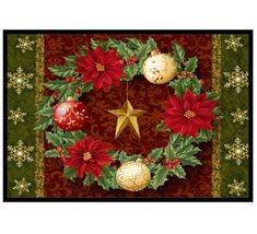 a christmas wreath with poinsettis and stars on a green background, surrounded by snowflakes