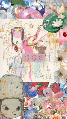 a collage of flowers, pictures and drawings with text overlaying the image