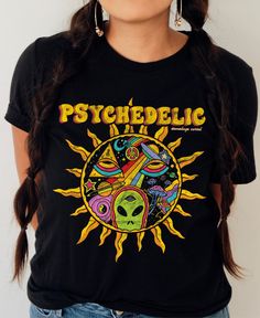 Get ready to trip out with our 'Psychedelic' Unisex Tee! This vintage-inspired shirt will transport you back to the good old days of psychedelic music and art. With its trippy design, this tee is perfect for anyone who loves a unique and playful style. . Psychedelic. 100% combed ringspun cotton· Light fabric· Premium fit· Runs bigger than usual· Original design Care Instructions: Machine wash cold. Do not bleach. Tumble dry low. Retro Festival T-shirt With Screen Print, Black T-shirt With Retro Print Crew Neck, Black Retro Print Crew Neck T-shirt, Retro Relaxed Fit T-shirt For Festivals, Retro Graphic Print T-shirt For Festivals, Black Hippie Top With Letter Print, Black Letter Print T-shirt For Festivals, Black Hippie Tops For Music Festival, Black Hippie Top For Music Festival