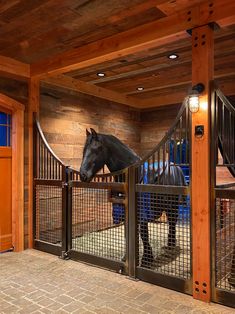 a horse is standing behind a fence in an enclosed area with wooden walls and flooring