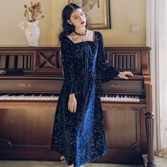 Cottagecore, Fairycore, Princesscore, Witchcore Dresses at Deer Doll Midnights Dress Aesthetic, Witch Robes Aesthetic, Star Dress Aesthetic, Velvet Dress Aesthetic, Witchcore Dress, Blue Star Outfit, Witch Dress Aesthetic, Spacecore Aesthetic Outfit, Dark Blue Dress Formal