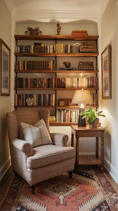 a chair in front of a book shelf filled with books