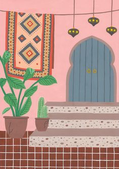 a painting of a house with a potted plant next to the door and rugs hanging above it