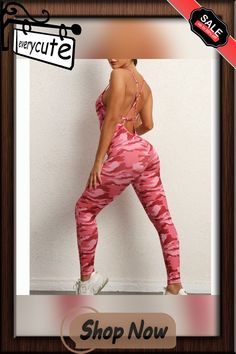 Pink Camo Print Back Criss-cross Nylon Jumpsuit Pink Stretch Jumpsuits And Rompers For Gym, Pink Nylon Sports Bodysuit, Pink Nylon Bodysuit For Sports, Pink Camo, Camo Print, Criss Cross, Jumpsuit Romper, Camo, Shop Now