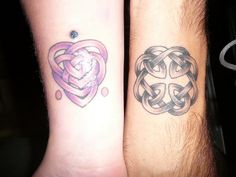 two people with matching tattoos on their arms, one has a heart and the other has a celtic knot