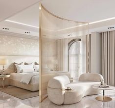 a bedroom with white furniture and curtains on the windowsills is pictured in this rendering