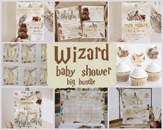 a collage of baby shower items including cupcakes, cookies and other decorations