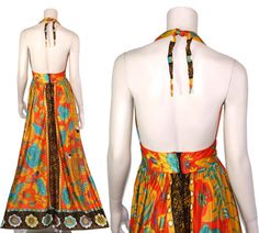 "This 60s or 70-era novelty dress features a stunning orange & black koi print fabric, adjustable halter bodice, fitted waist, and maxi length skirt. The koi fish depicted on this incredible dress are symbols of luck, wealth, and prosperity in many Eastern Asian cultures. Dress has a lined bodice and zips up the back. Best fits size xs or small (please check measurements below). Accessories not included. Payment plans available. Approximate Flat Measurements: Multiply times 2 for bust, waist Fitted Orange Maxi Dress For Beachwear, Orange Maxi Length Halter Dress For Summer, Fitted Orange Halter Dress For Vacation, Fitted Orange Halter Dress For Beach, Orange Halter Neck Maxi Dress For Beach Season, Fitted Bohemian Halter Dress With Floral Print, Orange Retro Maxi Dress For Summer, Retro Orange Maxi Dress For Summer, Orange Retro Summer Maxi Dress