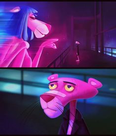 an animated pink cat with yellow eyes looks at another cartoon character in the same scene