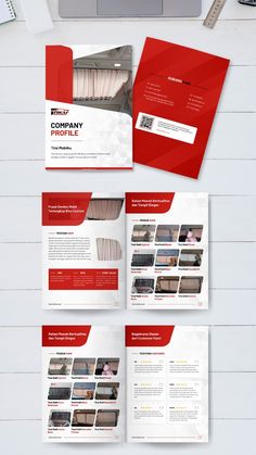 an open brochure with red and white designs