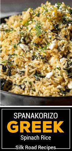 spanish rice with spinach and cheese in a skillet