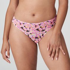 Thong in colorfully printed, recycled lace. Peony Pink is the same intense pink color as flowers. Feminine and summery! Feminine Floral Print Stretch Swimwear, Feminine Stretch Floral Print Swimwear, Feminine Stretch Swimwear With Floral Print, Pink String Beachwear Bottoms, Peony Pink, Rose Gold Studs, Lace Set, Dusty Pink, Briefs