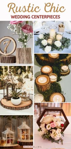 rustic chic wedding centerpieces collage with candles, flowers and wood slices