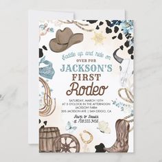 this is an image of a cowboy themed first birthday party card with the name and date on it