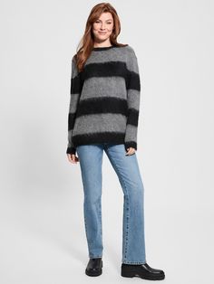 Eco Skye Striped Long Sweater | GUESS Long Sweater, Wool Blend Sweater, Long Sweaters, Long A Line, Wool Blend, Knitted Sweaters, Knitting, Clothes For Women