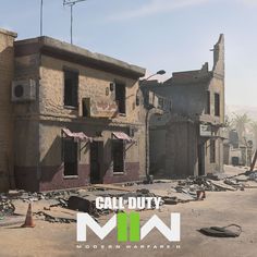 an old building with broken windows and debris on the ground in front of it that reads call duty m i n