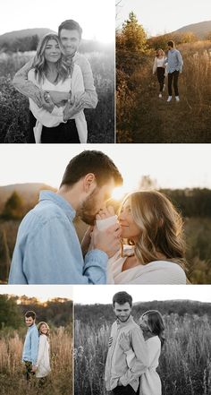 four different shots of people standing in the grass with their hands on each other's shoulders