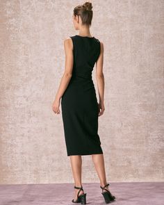 Details: - Black - Work - Brief - Solid Color - Sheath - Ruched - Round Neck - Sleeveless - Midi & Mid Calf - Slim Fit - Medium Stretch - 95% Polyester, 5% Spandex - Machine wash or professional dry Fabric: This Ruched Midi Dress is made of Polyester and Spandex. Polyester is an artificial fiber that feels soft, looks lustrous, and dries fast. It's also durable, with good resistance to wrinkles, stains, and sunlight. Spandex is lightweight and comfortable to wear, resistant to sweat, has exc Chic Black Midi Dress 3/4 Length, Black Fitted Midi Dress 3/4 Length, Black Knee-length Midi Dress With Flattering Silhouette, Black Ruched A-line Midi Dress, Black Non-stretch Solid Midi Dress, Ruched Midi Dress, Black Work, Midi Dress Sleeveless, Black Midi Dress