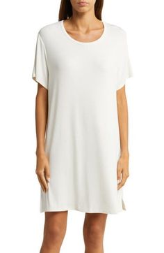 A fine-gauge rib knit brings exceptional softness and stretch to this comfy nightshirt with a beautiful drape and clean, simple styling. Crewneck Short sleeves 97% viscose, 3% spandex Machine wash, tumble dry Imported Elegant Spring Tops For Lounging, Elegant Spring Lounging Tops, Elegant Short Sleeve Sleep Tops, Short Sleeve Viscose Tops For Loungewear, Viscose Short Sleeve Tops For Loungewear, Chic White Sleep Tops, Rayon Short Sleeve Tops For Loungewear, White Viscose Tops For Daywear, Chic Relaxed Sleep Tops