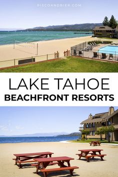 lake tahoe beachfront resort with picnic tables and swimming pool in the foreground