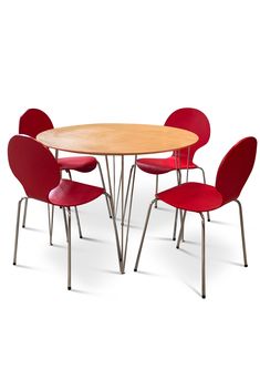 four red chairs around a round table with a wooden top and metal legs on an isolated white background