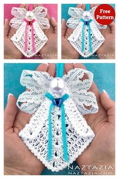 two pictures show how to make an ornament with lace and ribbon, one is white