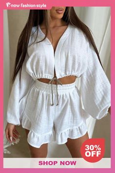 Casual V Neck Long Sleeve Draw String Lace Up Crop Tops And Ruffle Hem Shorts Vacation Two Pieces Shorts Sets Shorts And Long Sleeve, Vacation Outfits Women, Shorts Sets, Crop Top Set, Two Piece Short Set, Puff Sleeve Crop Top, Crop Top And Shorts, Neck Crop Top, Long Sleeve Crop