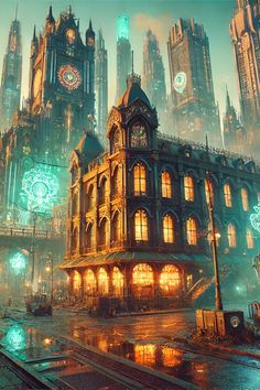 an image of a futuristic city with lots of clocks on it's building towers