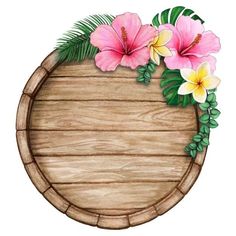 a wooden sign with pink flowers and green leaves on the top, in front of a white background