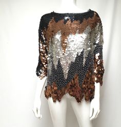 Oleg Cassini Paillette Sequin Beaded Top Silk Evening Occasion Silver XL Vtg Elegant Sequined Tops For Festival, Fall Party Beaded Tops, Beaded Tops For Night Out In Fall, Beaded Tops For Fall Night Out, Vintage Embellished Tops For Fall, Vintage Stretch Party Tops, Vintage Stretch Tops For Party, Bead Top, Lavender Blouse