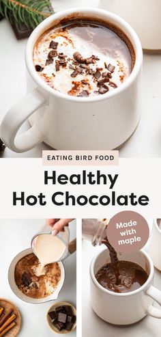 healthy hot chocolate is being poured into a mug