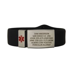 Black premium silicone custom Medical Allert Bracelet with pin and tuck closure. Personalized Black Wristband For Everyday, Modern Adjustable Durable Wristband, Diy Medical Alert Bracelet, Medical Alert Bracelet, Adjustable Hypoallergenic Black Wristband, Gold Medical Alert Bracelet, Medical Alert Symbol, Allergy Bracelet, Medical Alert Jewelry