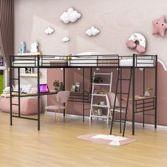 there is a loft bed in the corner of this room with pink walls and wooden floors