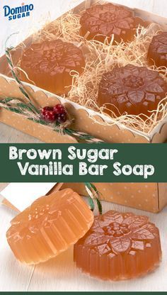 brown sugar vanilla bar soap in a box with strawberries and berries on the side