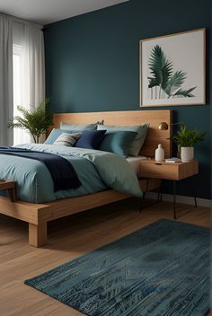 a bedroom with teal walls and wooden bed frame, blue comforter and pillows