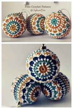 three crocheted ornaments are shown in different colors