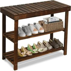 a wooden shoe rack with several pairs of shoes on it and a wicker basket underneath