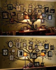 a family tree with many pictures hanging on it's wall and lights in the corner