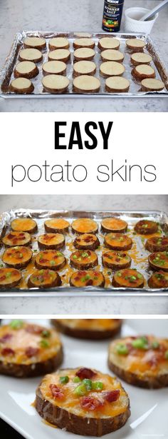 some food that is on top of a white plate and the words easy potato skins are above it