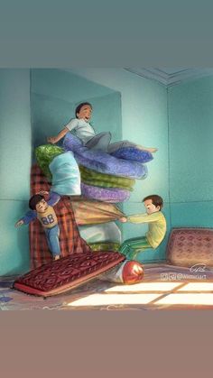 two children are playing on the floor in front of an air mattress while another child is sitting on top of it